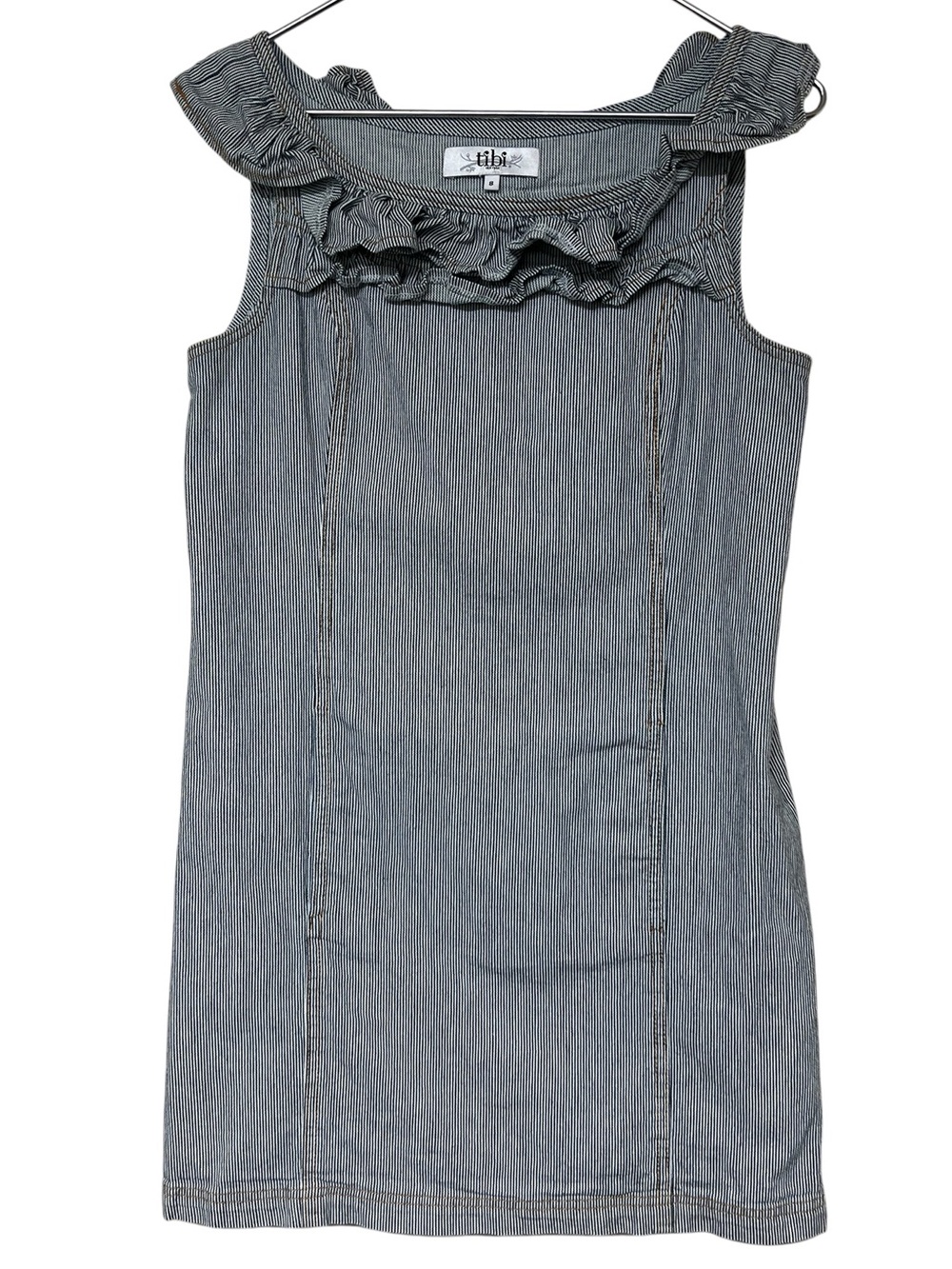 Tibi blue white pinstripe denim ruffle neck sleeveless mini dress with pockets